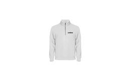 Hvid sweatshirt med half-zip, med sort logo på brystet og ingen hætte. 