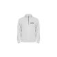 Hvid sweatshirt med half-zip, med sort logo på brystet og ingen hætte. 